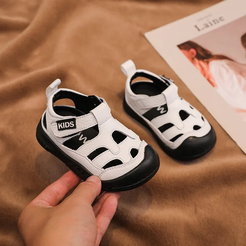 Girls Boys Genuine Leather Sandals Summer Children Beach Shoes Anti Slip Soft Sole Toddler Kids Shoes Anti Collision Baby Shoes