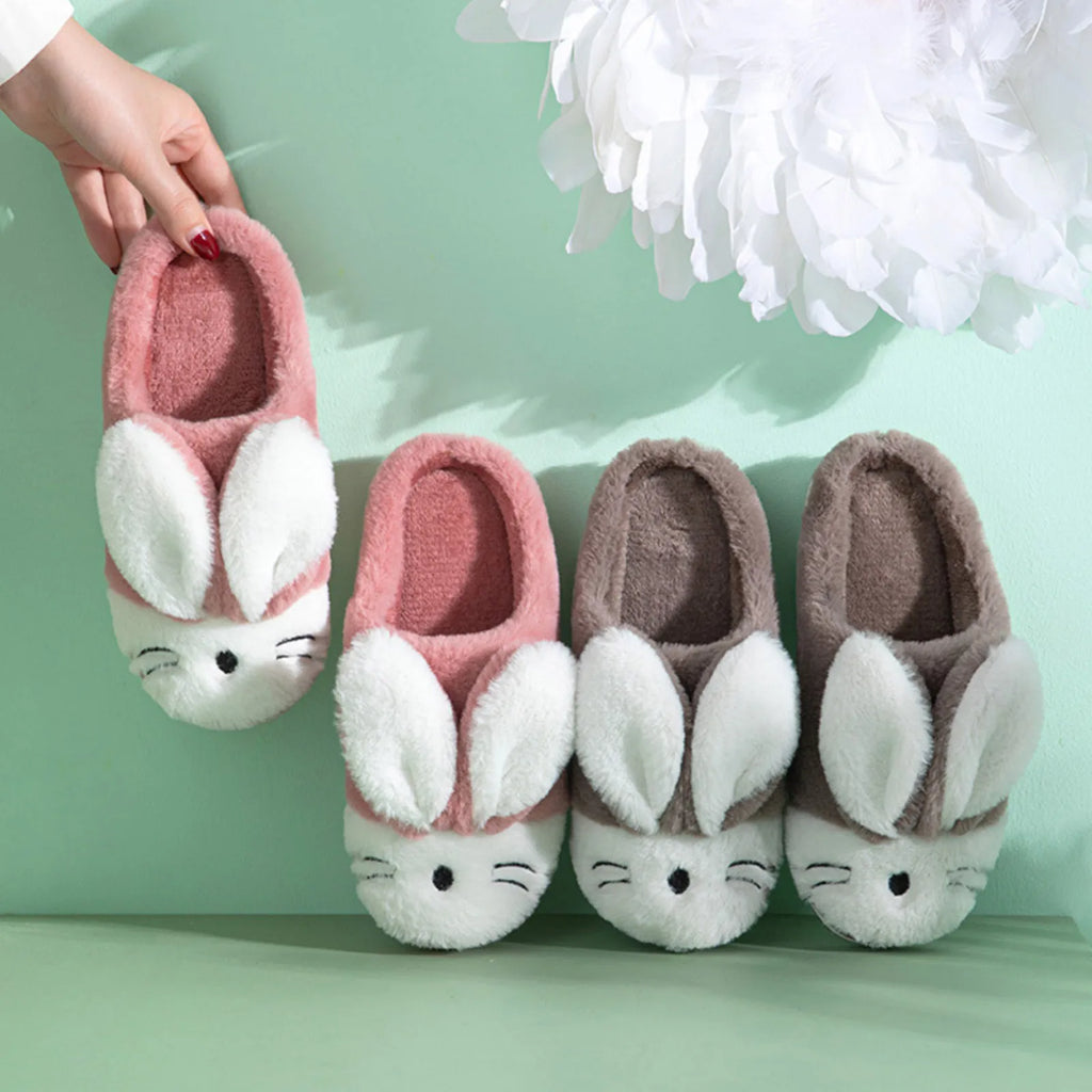 Winter Rabbit Cartoon Warm Cotton Slippers Children Baby Girls Indoor Floor Flat Non-Slip Cover Heel Home Plush Cute Shoes